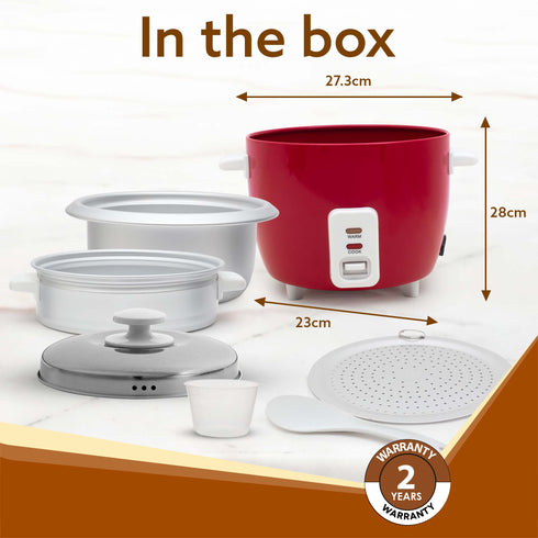 Elegant Electric Rice Cooker, 1L, 400W, Automatic Boiler, Steamer, Removable Aluminium Pot, Stainless Steel Lid, Keep Warm Function, Trivet Plate, Rice, Veggies, Red